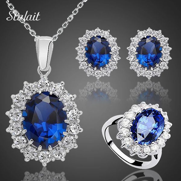 Conjuntos de joias de casamento Moda Azul Cristal Pedra Conjuntos de joias de casamento para noivas Conjunto de colar de cor prateada para mulheres Conjuntos de joias africanas Mais 231109