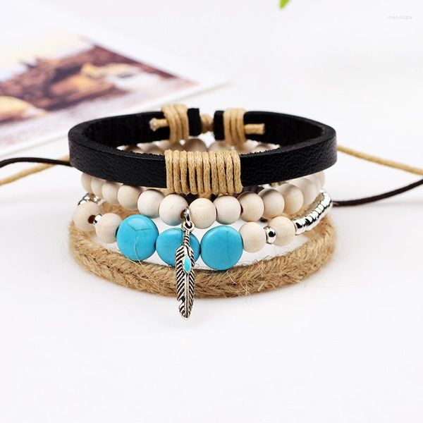 Charm Bilezikler 4pcs/Set Boho Çingene Hippi Punk Blue Beyaz Turquoises Bej Kanı Kordal Sargı Düğümleri Siyah Deri Katmanlar Geniş Unisex