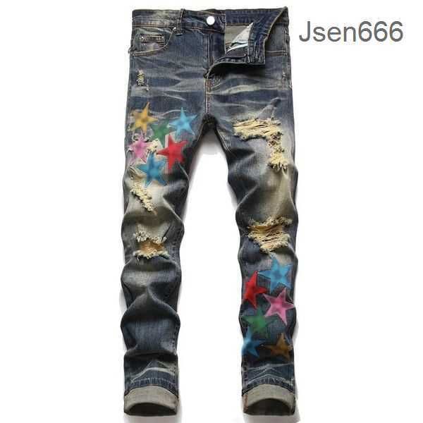 Lila Jeans für Herren, Designer-Jeans, modische Stretch-Jogginghose, luxuriöse Röhrenhose, lässige Sternenmuster, übergroße zerrissene Hose, modische Streetwear MQ67