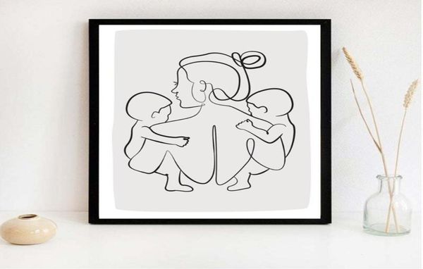 Retrato de família mãe dois bebês arte linha desenho cartazes abstrato minimalista impressão em tela pintura berçário imagens decorativas p3533765
