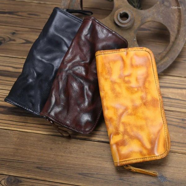 Brieftaschen Vintage Fashion Leder Herren Brieftasche Pflanze gebräuntes Wasser Wash Business Casual Handmade Bag Cowhide Long Handheld