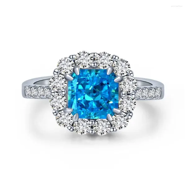 Cluster Anéis S925 Anel de Prata Aquamarine 7 Flor Corte Abertura Ajuste Jóias Lady 5A Zircon