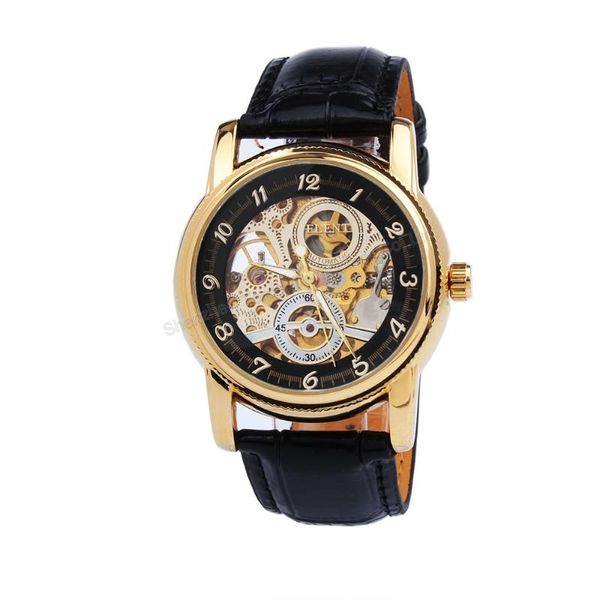 Relógios de pulso Man Automatic Self Wind Welt Men Gold e Silver Skeleton Hollow Graving Leather Strapswatches