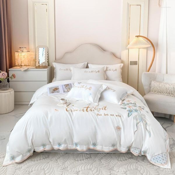 Bettwäsche-Sets aus Baumwolle, weiß, luxuriös, mit Blumen bestickt, Steppdecke/Bettbezug, einfarbig, Tagesdecke, Bettlaken, Kissenbezüge, Heimtextilien
