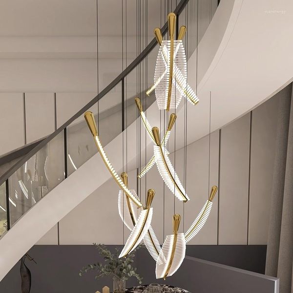Lustres de lustres de lustre de lustre moderno lustre de design de penas para escada de luxo luminária de luminária de cristal pendurado lâmpadas de ouro long hall hall