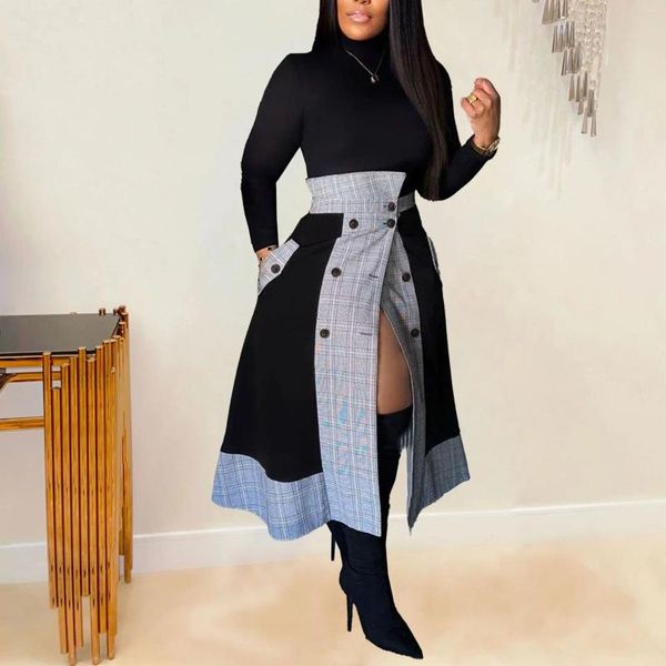 Arbeitskleider 2023 Herbst High-End Junge Sexy Retro Plaid Büro Dame Volle Hülse Lange Ballkleid Röcke Hohe Taille Schlanke Frauen 2 Stück Set