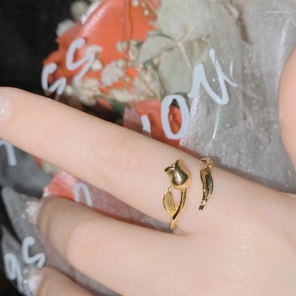 Кольца кластера, винтажное элегантное художественное золотое кольцо с цветком тюльпана, регулируемое женское кольцо, подарок на день рождения, свадьбу, вечеринку