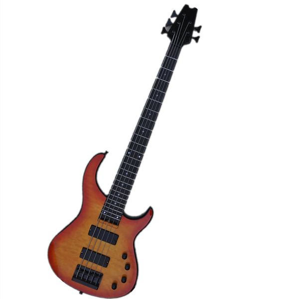 5-saitige E-Bass-Gitarre mit orangefarbenem Korpus und gestepptem Ahornfurnier Angebot Logo/Farbe anpassen