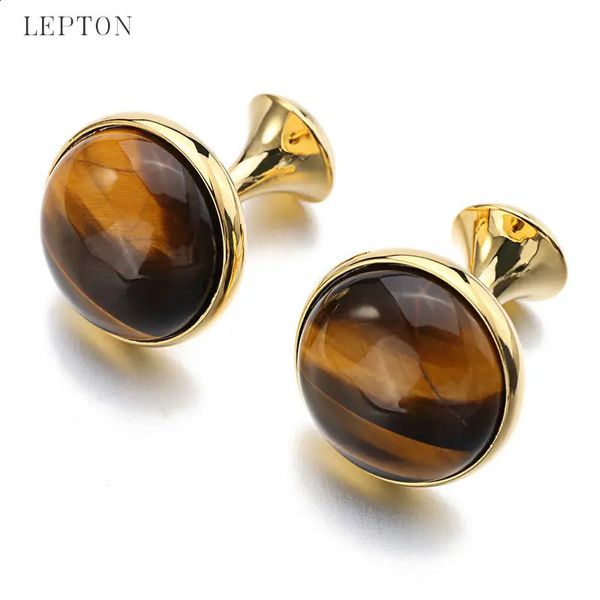 Abotoaduras Low-key Luxury Tiger-eye Stone Abotoaduras para Mens Banhado a Ouro Lepton Marca de Alta Qualidade Redonda Pedra Abotoaduras Presente 231109