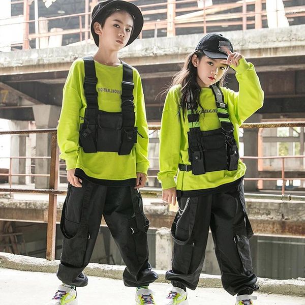 Palco desgaste 2023 meninos hip hop traje solto camisola verde preto calças de carga meninas jazz rua dança desempenho terno kpop bl