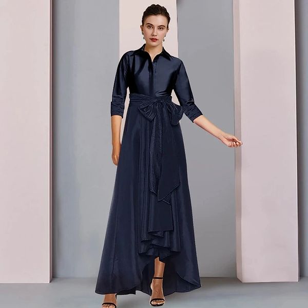 Elegante blu navy a-line abito per la madre della sposa sposo 2024 colletto a camicia lunghezza pavimento fascia in raso abiti da festa di nozze taglie forti