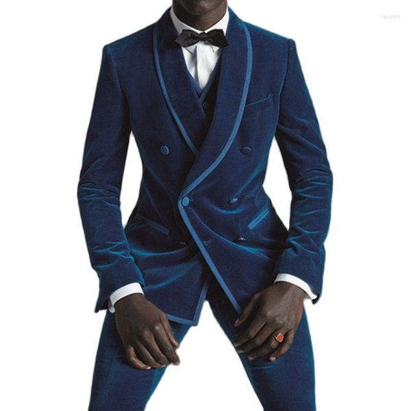 Erkekler Takım Egzersiz Pantolon Tasarımları Kraliyet Blue Velvet Erkekler Takım Çifte Göğüslü İnce Fit 3 Parça Smokin Özel Prom Partisi