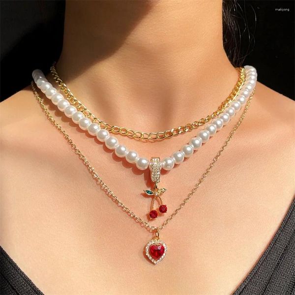 Anhänger Halsketten Mode Vintage Künstliche Perle Kette Rot Kristall Kirsche Herz Halskette Für Frauen Weibliche Multilevel Gold Farbe Schmuck