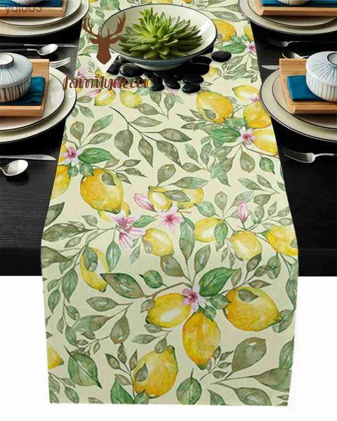 Luxury Watercolor Lemon Flower Pattern Table Runner for Hotel Dining - High Quality recycled cotton and Linen Material (L231110)