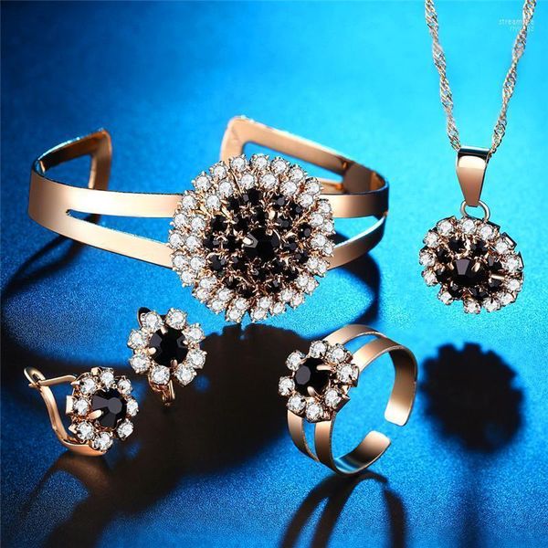 Brincos de colar definidos femininos de jóias de cristal preto fêmeas clipe de cor de ouro rosa para mulheres punk redonda de casamento de zircão na cadeia de casamentos stre22