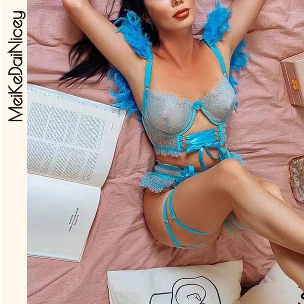 Conjuntos de sutiãs MeiKeDai Sensual Pena Lingerie Sexy Transparente Porn Underwear Uncensored Lace Bandage Erótico Céu Azul Garter Íntimo