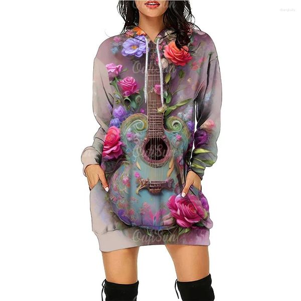 Frauen Hoodies Musik Kleid Casual Langarm Pullover Kleidung Herbst Damen Röcke 3D Lustige Musical Gitarre Druck Sweate