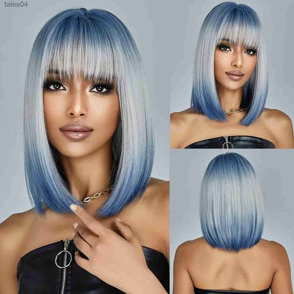 Sentetik peruklar orta uzunluk mavi beyaz ombre düz sentetik saçlar Patlama ile kısa bob cosplay peruk