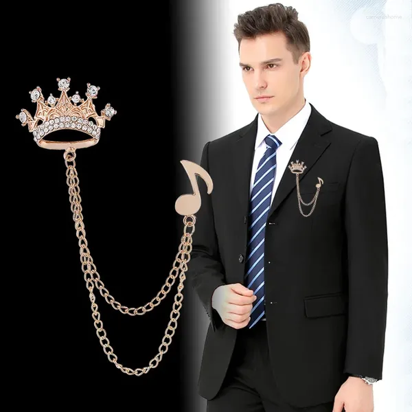 Spille Coreano Metallo Cristallo Corona Nota Spilla Spille per colletto da uomo Strass Nappa Catena Distintivo Gioielli di moda Accessori di abbigliamento