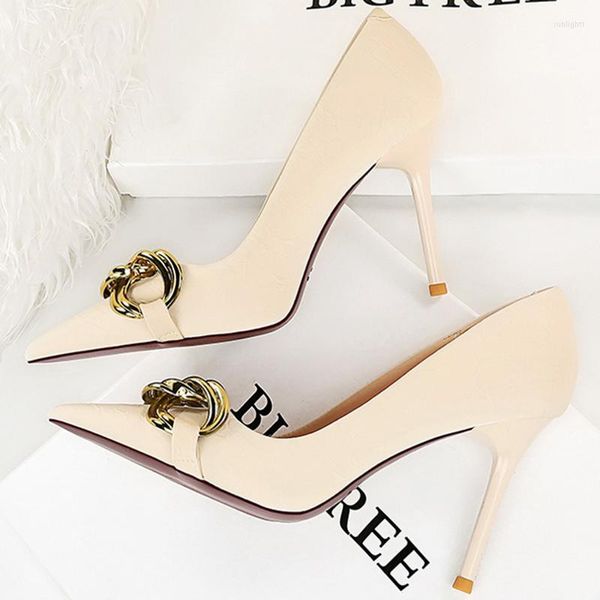 Kleid Schuhe 2023 Mode Frauen 7,5 cm 9,5 cm Dünne High Heels Flache Pumps Büro Dame Grüne Schnalle Spitze Zehe Party Hochzeit Große Größe