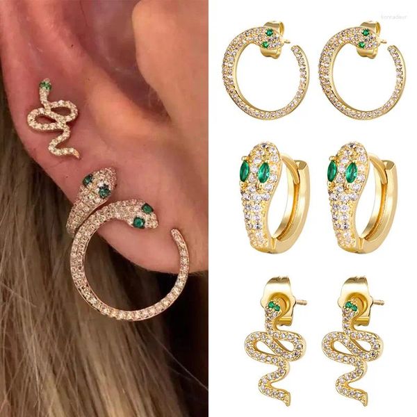 Saplama küpeler 1 pair altın renk dolu yılan çember zirkon küpeler büyük daire huggie kulak yüzük kıkırdak piercing jewelr