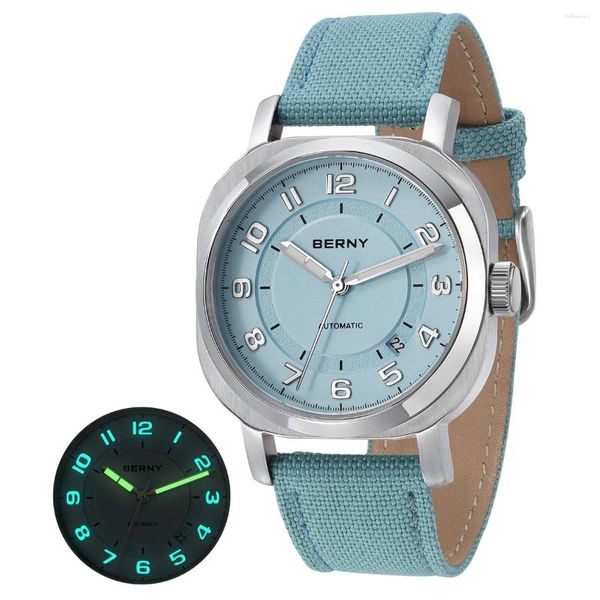 Bilek saatleri Berny Mekanik Saat Kadınlar için 38mm Yastık Yastığı Safir Süper Aydınlık Eller Holluwatch Canvas Takvim Forladies