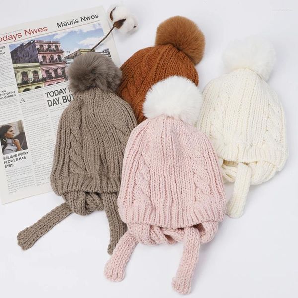 Acessórios de cabelo Criança Meninos Meninas Fleece Forrado Knit Kids Hat com Earflap Inverno Dois Dias Trança Grossa é usada para regular a tensão