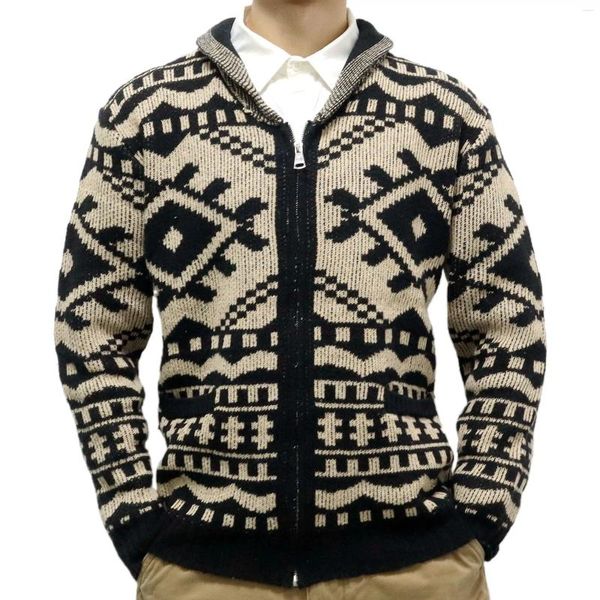 Jaquetas masculinas Mens Outono e Inverno Jacquard Zipper Cardigan Sweater Casaco de Malha Padrão Geométrico Outerwear Tops