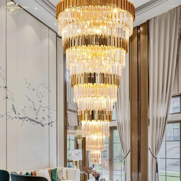 Lampade a sospensione Luci a LED dorate Lampadari di cristallo moderni Lampada da interno a spirale di lusso per soggiorno Camera da letto Scala El Villa