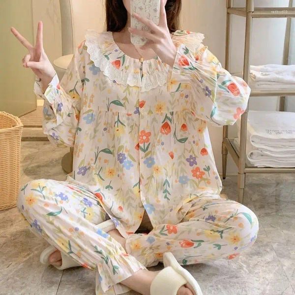 Conjunto de pijamas femininos mulher 2 peças pijamas manga longa floral camisola casa usar pijama a camisola fantasia roupas bonitos para dormir
