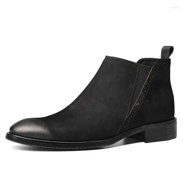 Botas de vaca genuínas homens couro 2024 estilo artesanal confortável deslizamento em sapatos masculinos preto tornozelo negócios 86775 97827 65532