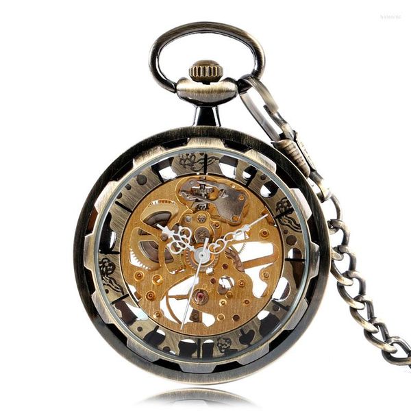 Orologi da taschino Vintage Bronze Skeleton Gear Gold Dial Luxury Mechanical Hand Wind Watch Analog Steampunk Fob Clock Gift