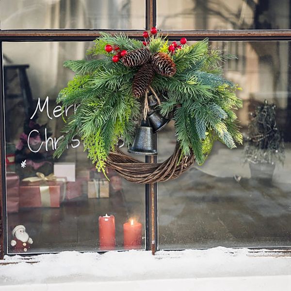 Ghirlande di fiori decorativi Ghirlanda natalizia per porta d'ingresso Albero di Natale Ghirlanda appesa Decorazioni di vite fatte a mano Campana dorata in rattan da 17 pollici 231109
