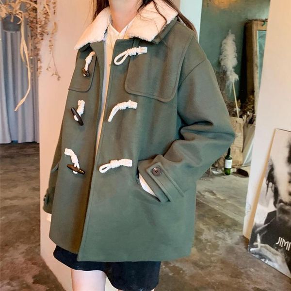 A lã feminina mistura o exército japonês de lã verde casaco Hornle Kawaii Feminino Curto Student Tooling Style Retro Corean Women