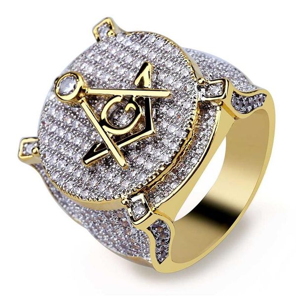 Anel de ouro com sinete maçônico, hip hop, micro pave, zircônia, gelado, pedra cz completa, anel redondo para homens e mulheres, anel de pedreiro band252d