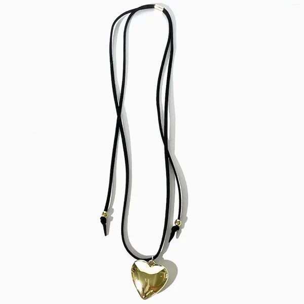 Anhänger Halsketten Peri'sbox Trendy Gold Silber Überzogene Puffed Herz Schwarz Kordel Lange Wrap Krawatte Choker Halskette Für Frauen String Y2K