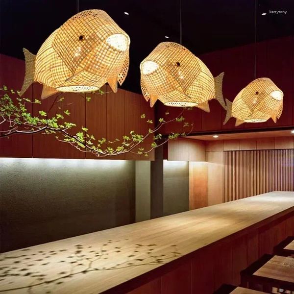 Lustres Rattan Tecelagem Luzes MiFuny Handmade Bambu Sudeste Asiático Exótico Carpa Peixe Restaurante El Teto Pingente Lâmpadas