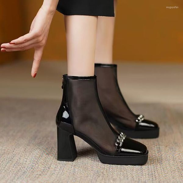 Sapatos de vestido saltos altos malha de cadeia feminino sandálias grossas botas frias festa 2023 bombas de moda de verão zíper ladies zapatos