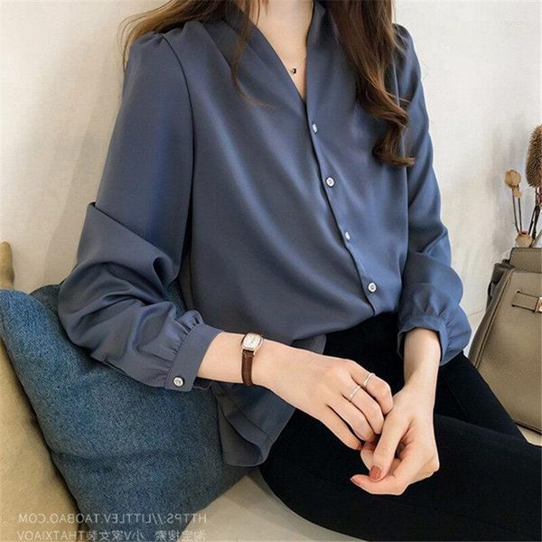 Blusas femininas camisa de chiffon outono, temperamento simples top liso largo plus size moda moda estilo coreano mulheres mangas compridas tops