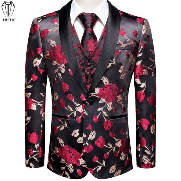 Mens Ternos Blazers Hitie Vermelho Flor Terno Colete Xaile Collar Smoking Blazer Sem Mangas Colete Gravata Hanky Cufflinks Masculino Noivo Dançarino Host Presente 231110