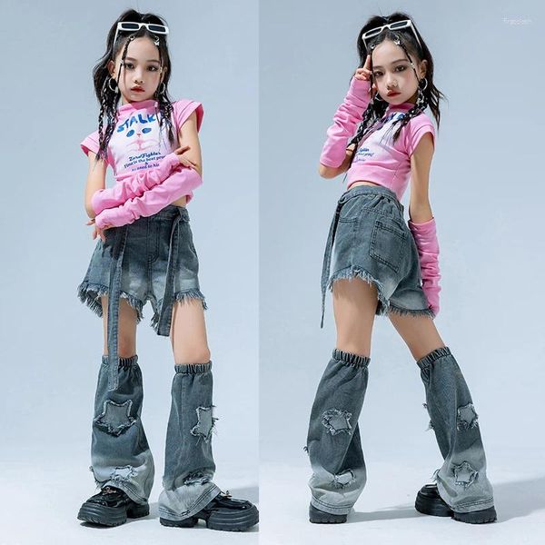 Palco desgaste 2023 hip hop trajes de dança para meninas rosa colheita tops jeans conjunto crianças jazz moderno desempenho dqs14064