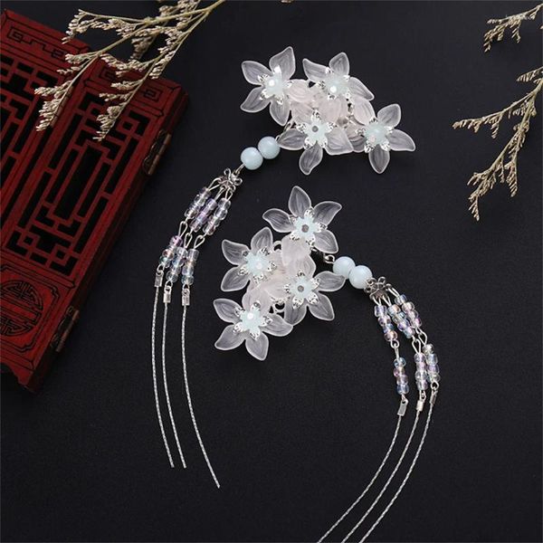 Fermagli per capelli Gioielli cinesi Spille per fiori in cristallo bianco e copricapo con ciondolo laterale per accessori cosplay per ragazza da donna