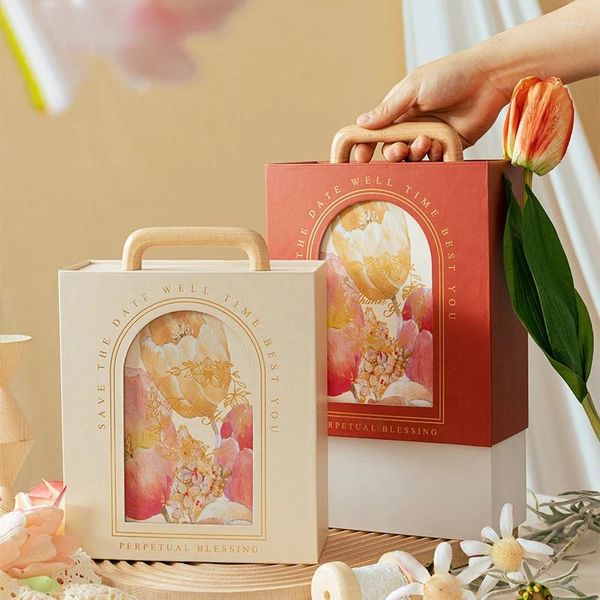 Confezione regalo Scatola per tulipani Matrimonio con coperchi Contenitore vuoto Manico in legno Bomboniere per il Giorno del Ringraziamento di Natale