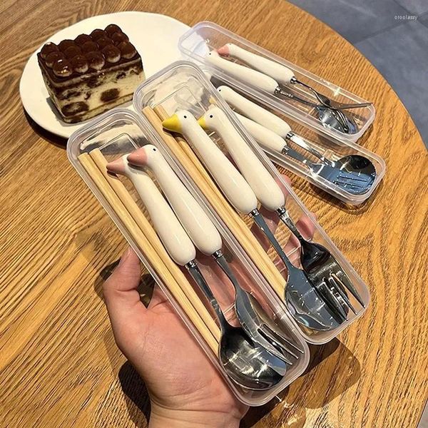 Set di stoviglie cucchiaio forchetta portatile pranzo all'aperto cartone animato in acciaio set per bambini con scatola animali accessori in acciaio stoviglie da cucina