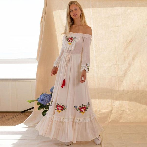 Lässige Kleider Jasie Boho Floral besticktes Midikleid Herbst Frauen weg von der Schulter Chic Rüschenbesatz Strand 2023 Vintage Sommerkleider