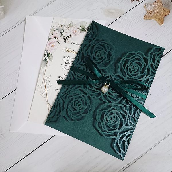 Cartões 50 pc Exército Verde Personalizado Corte a Laser Cartão de Convite de Casamento Rosa Convites de Casamento com Inserção Imprimível e Envelope 231110