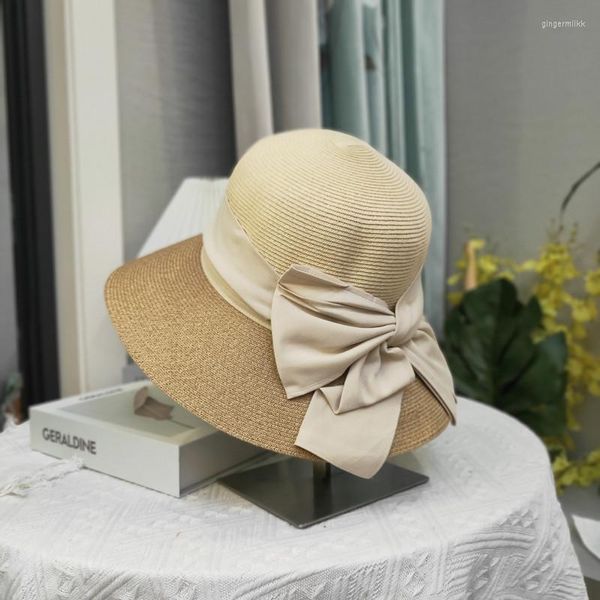 Wide Brim Hats 202302-2508363 Chic Drop Summer Japan Grace Bowknot Pp Grass Sunscreen Beach Lady Sun Cap Damen Freizeithut