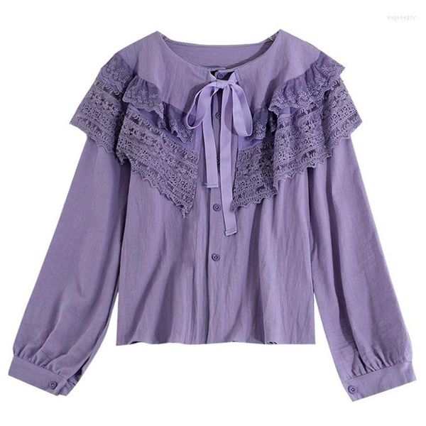 Camicette femminili vesue donne con filo viola bianco manica lunga guscio di pizzo solido sciolto camicia patchwork primavera estate b0749