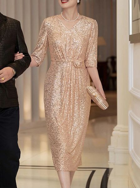 Elegantes Champagner-Kurzkleid für die Brautmutter 2024, halbe Ärmel, V-Ausschnitt, Pailletten, Mantel, Teelänge, Hochzeitsgast-Kleider