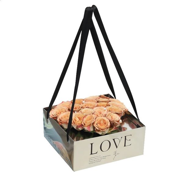 Presente Envoltório Espelho Prata Magia Dobrável Tote Caixa Pvc Clear Love Flower Box Arranjo de Flores Mão Carry Bag 4pcs 231109